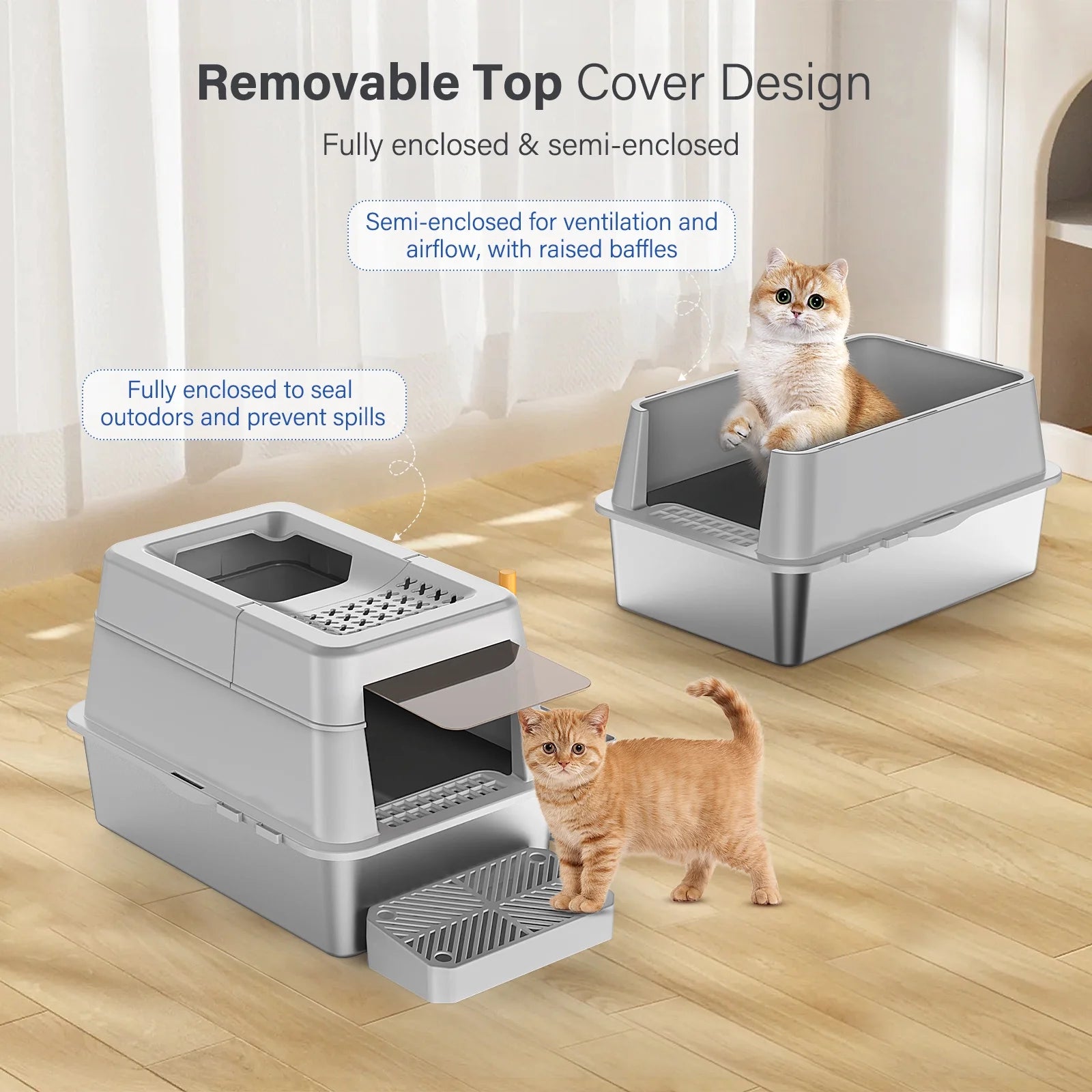 Stainless Steel Enclosed Cat Litter Box, Extra Large Top Entry with 110° Flip Cover & Pedal, Anti-Leakage, Grey
