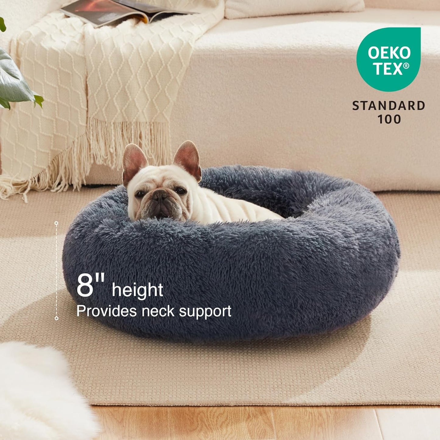 Calming Cat Bed for Indoor Cats, Anti-Anxiety Donut round Dog Bed, Fluffy Faux Fur Washable Pet Bed for Small Medium Dogs and Cats,Bluish Grey,20In