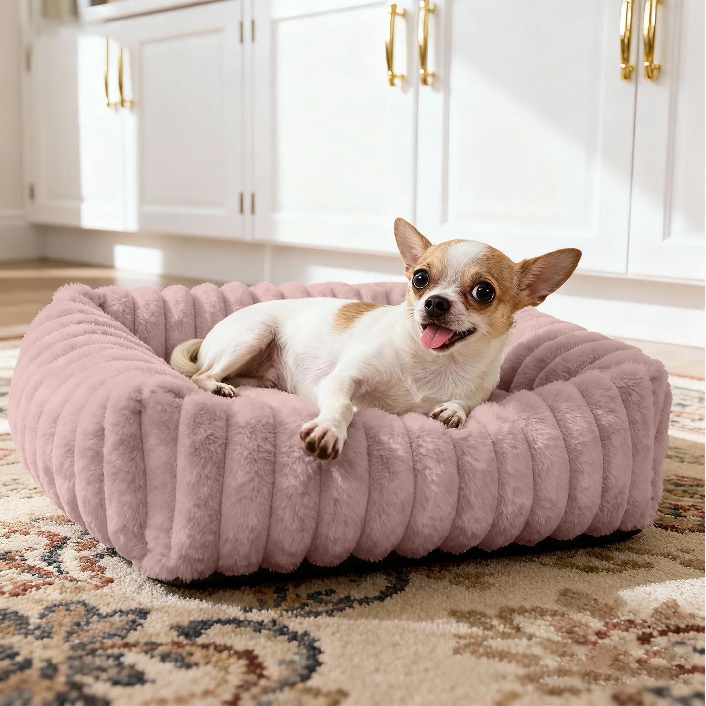 Cat Bed for Indoor Cats Furry Corduroy Fleece Orthopedic Pet Bed Sofa Removable Washable Cover Non Skid Bottom, Pink