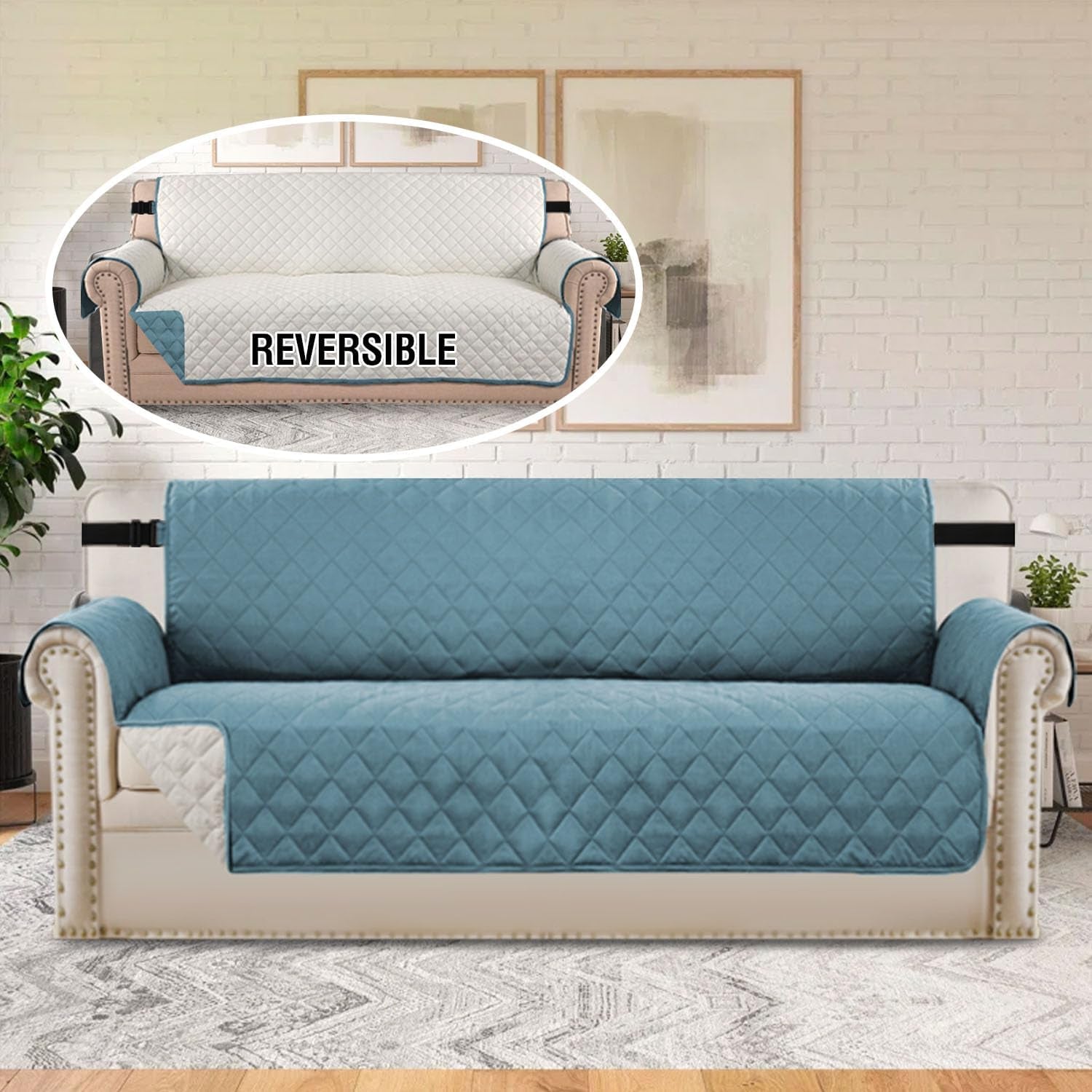 Reversible Couch Cover for 3 Cushion Couch Water Resistant Sofa Cover Seat Width up to 66" Washable Furniture Protector Cover for Dogs/Cats/Pets(Sofa, Cameo Blue/Beige)
