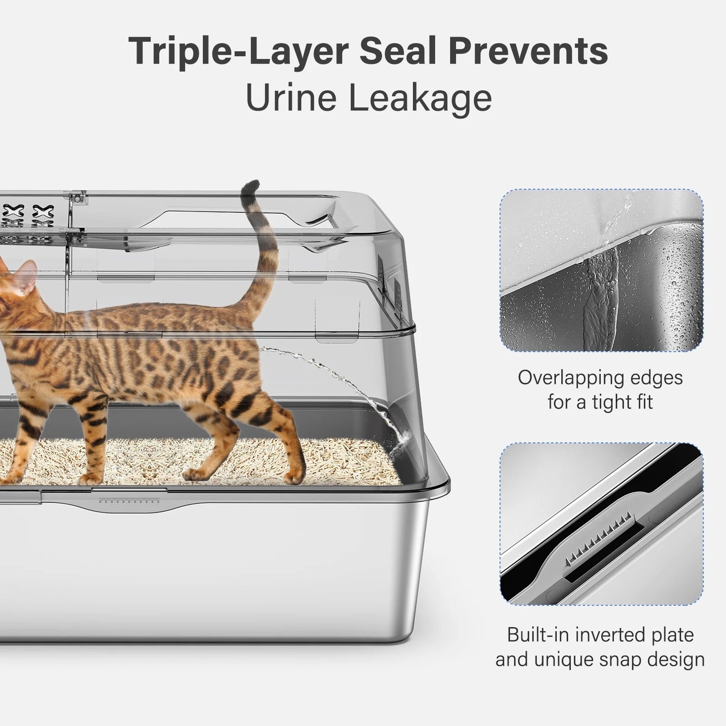 Stainless Steel Enclosed Cat Litter Box, Extra Large Top Entry with 110° Flip Cover & Pedal, Anti-Leakage, Grey