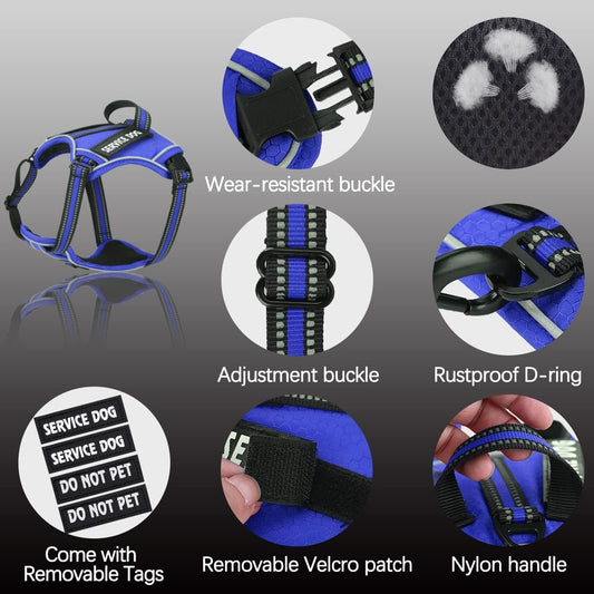 Service Dog Harness, Easy on and off over Head Dog Vest Harness Fasten Quickly, Breathable and 3M Reflective Adjustable Pet Halters with Easy Control Handle for Small Medium Large Dogs