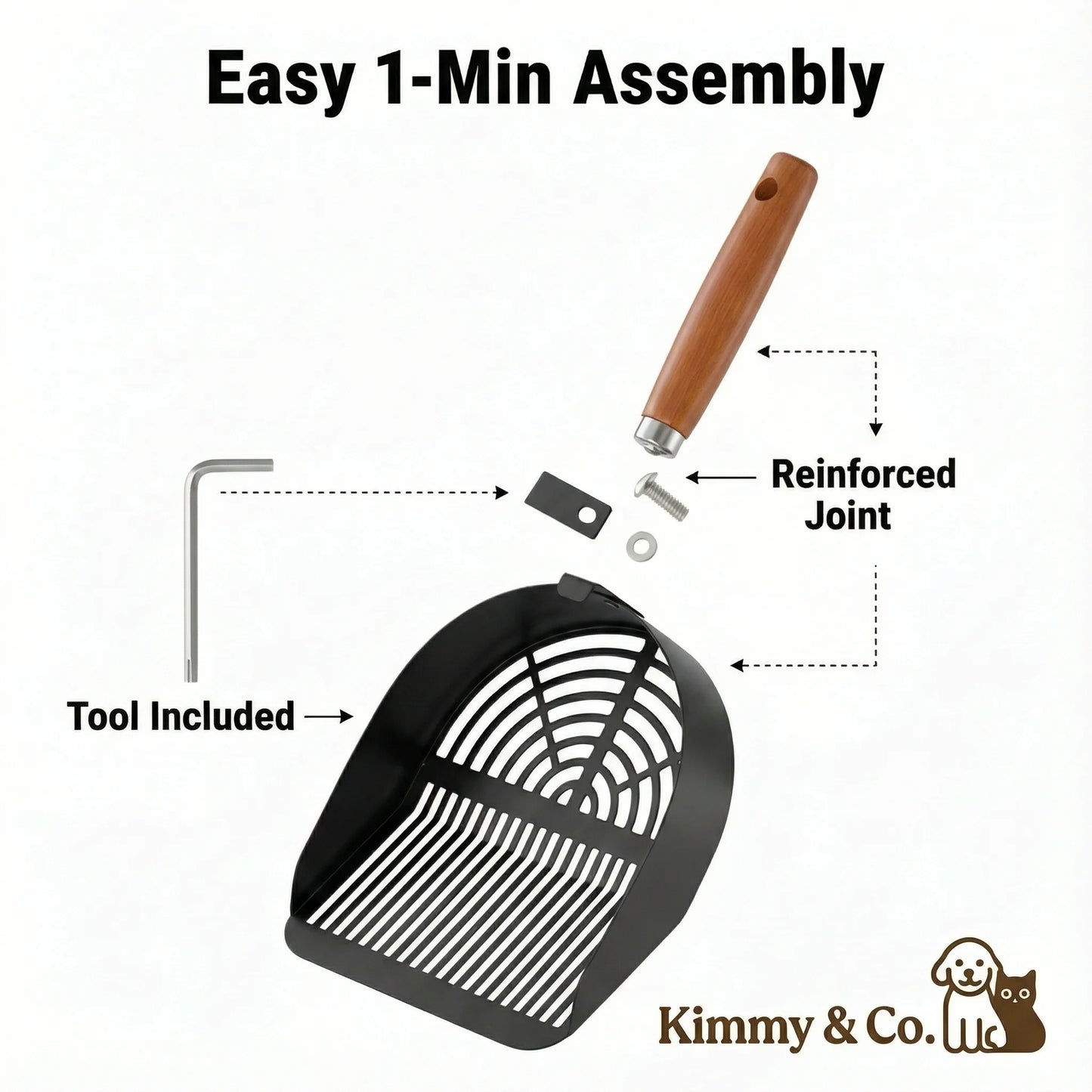 Kimmy&Co Solid Wood Cat Litter Scoop - Heavy Duty Non-Stick Metal Sifter - Deep Shovel for Easy Cleaning