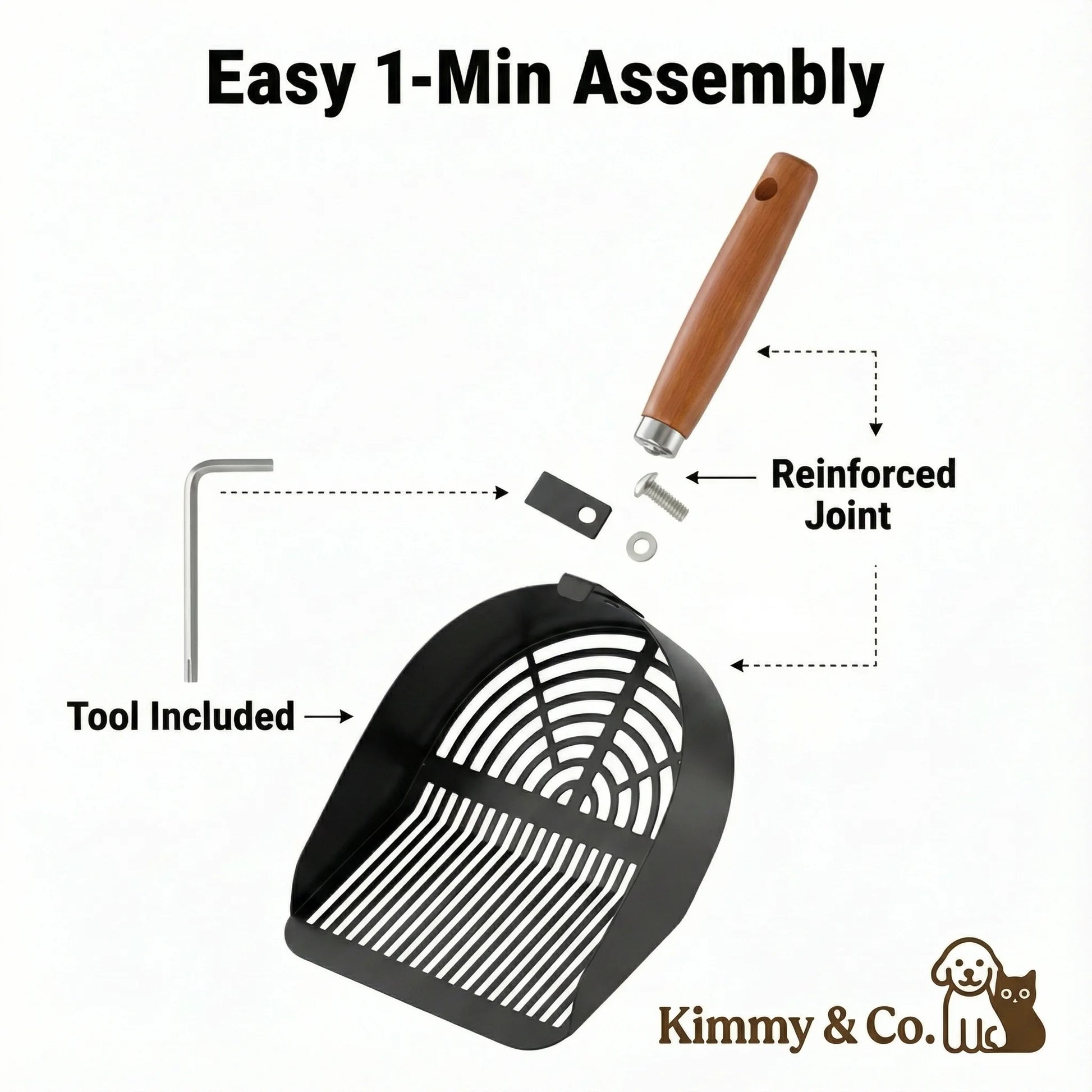 Kimmy&Co Solid Wood Cat Litter Scoop - Heavy Duty Non-Stick Metal Sifter - Deep Shovel for Easy Cleaning