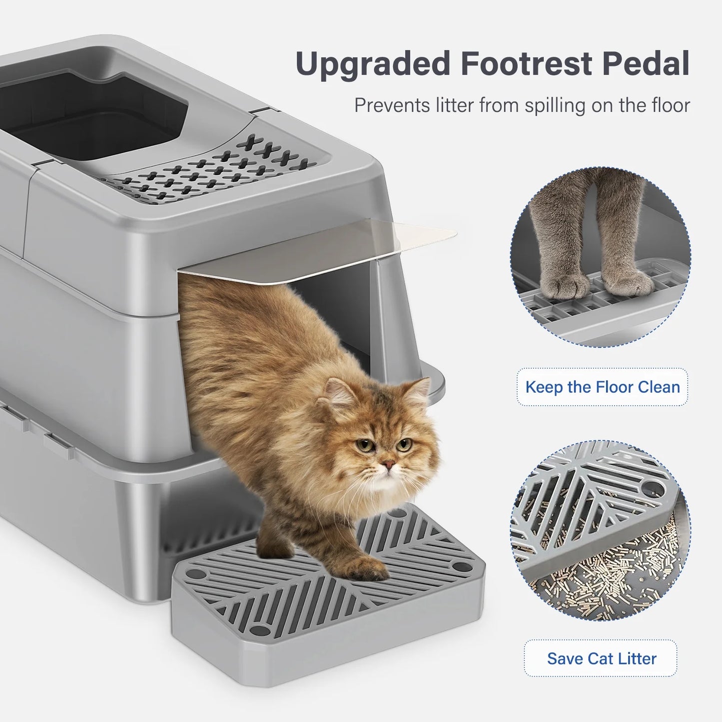 Stainless Steel Enclosed Cat Litter Box, Extra Large Top Entry with 110° Flip Cover & Pedal, Anti-Leakage, Grey
