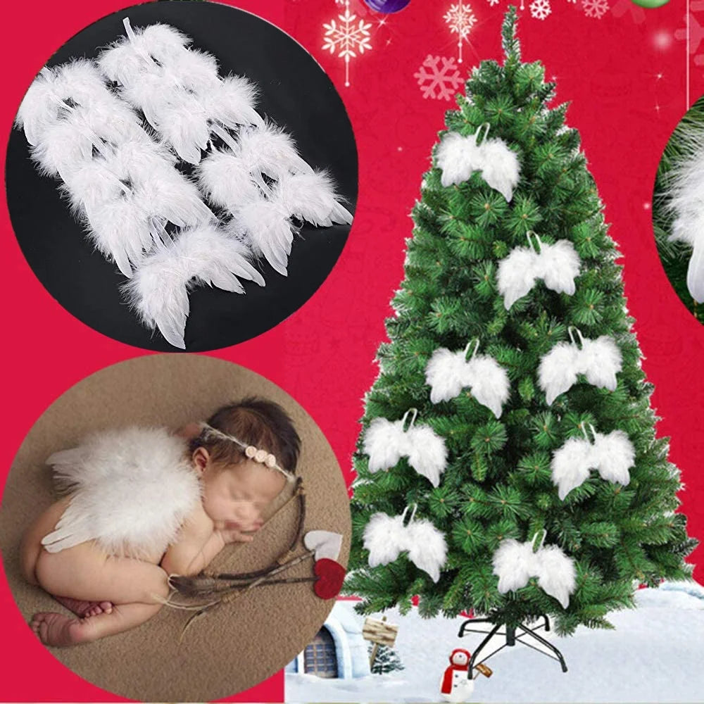 30 Pcs White Angel Wings Ornament- Christmas Tree Feather Hanging Decor - Handmade Exquisite Angel Wings Pendant for Xmas DIY Craft Home Wedding Prop Party Decoration
