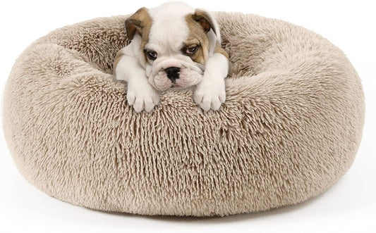 Pet Dog Bed for Medium Dogs Cats Donut, Comfortable round Plush Dog Beds Calming Fluffy Faux Fur Cat Dog Cushion Bed, Machine Washable, Anti-Skid (30" X 30", Taupe)