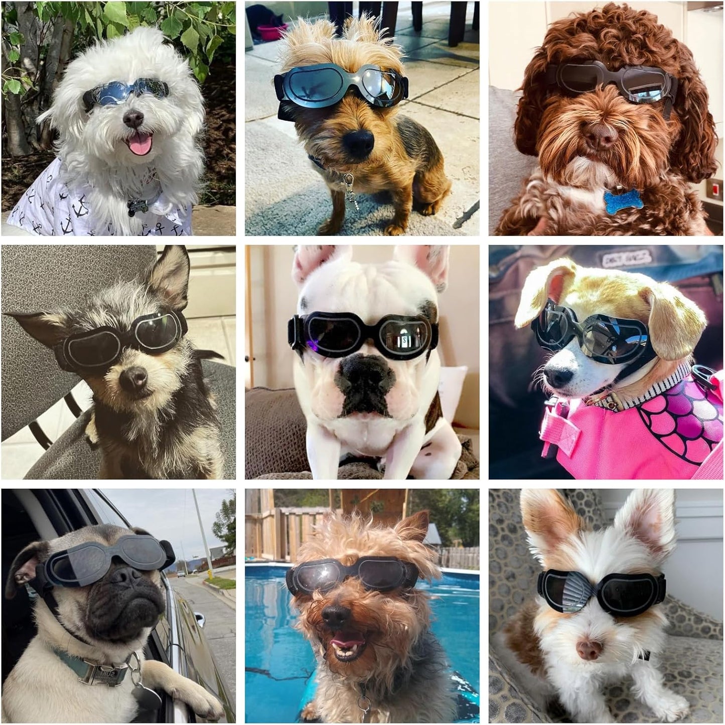 Dog Sunglasses Small Breed, Anti-Uv Puppy Goggles for Small Dogs, Windproof Outdoor Dog Eye Protection for Driving Biking, Adjustable Head Straps, Cool Black