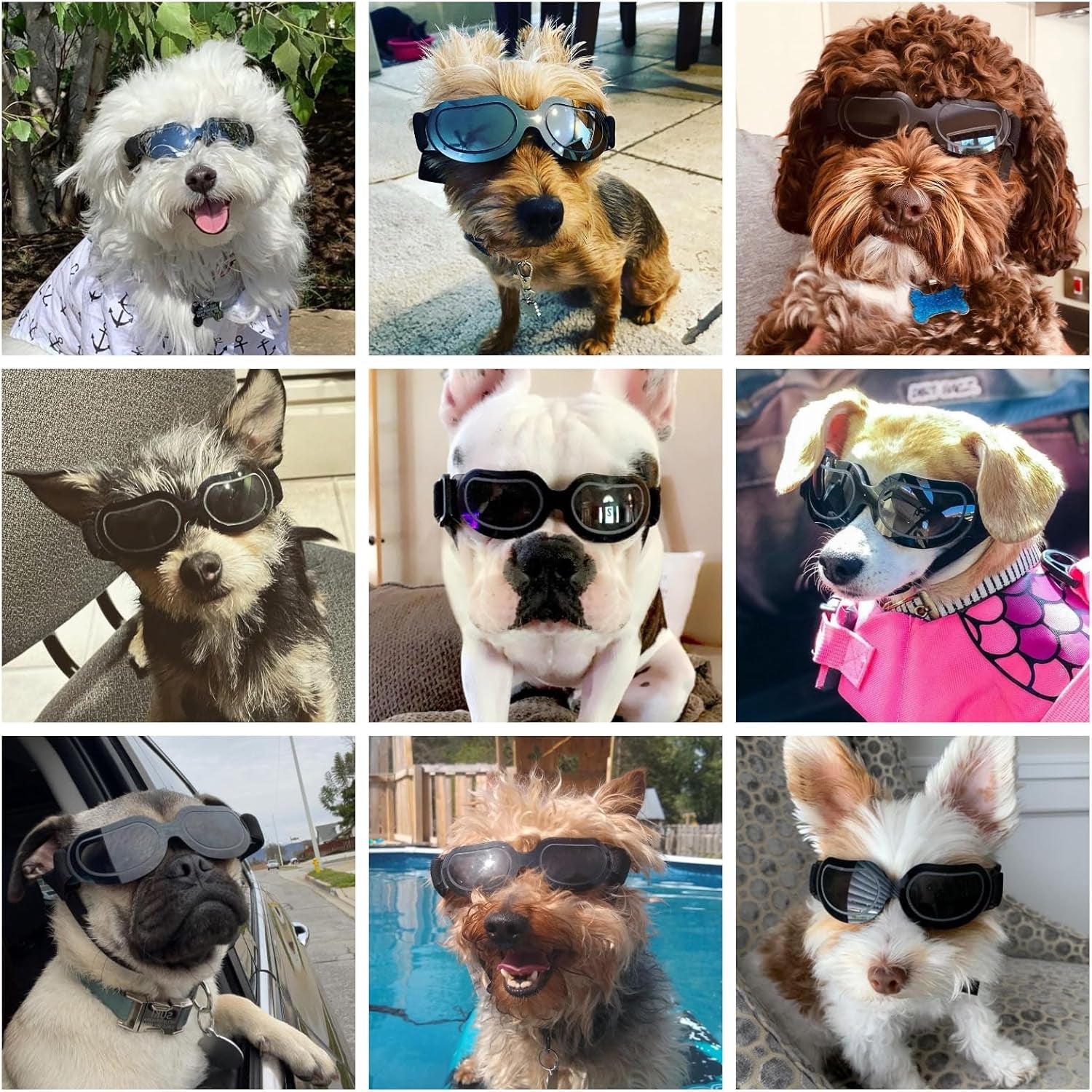 Dog Sunglasses Small Breed, Anti-Uv Puppy Goggles for Small Dogs, Windproof Outdoor Dog Eye Protection for Driving Biking, Adjustable Head Straps, Cool Black
