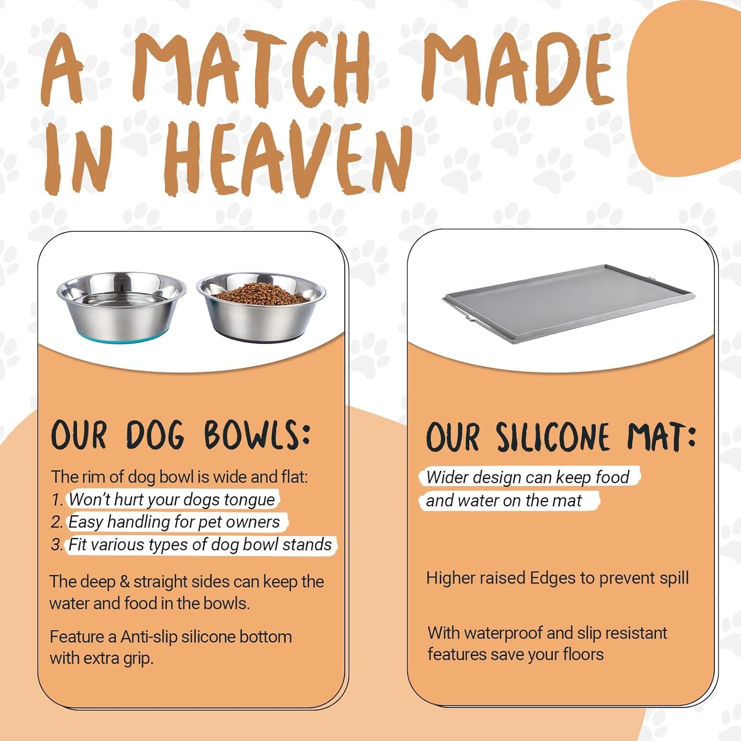 Deep Stainless Steel Anti-Slip Dog Bowls with Silicone Mat - 2 Bowls + Mat, 2 Cups