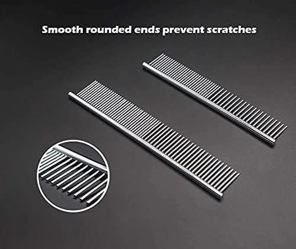 2 Pack Dog Combs with Rounded Ends Stainless Steel Teeth, Cat Comb for Removing Tangles and Knots, Professional Grooming Tool for Long and Short Haired Dog, Cat and Other Pets, 7.5IN/6.3IN
