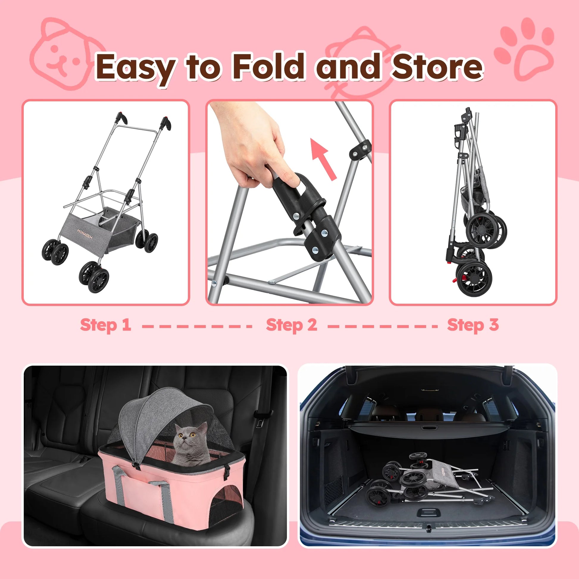 4 Wheels Foldable Pet Stroller 3 in 1 with Waterproof Detachable Pets Travel Carrier for Small/Medium Dogs Cats up to 60Lbs, Pink