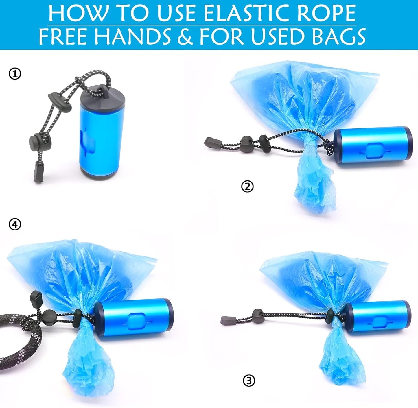 Aluminum Dog Poop Bags Holder with Carabiner Metal Pet Waste Bags Dispenser with Hook and Loop Fastener and Elastic Cord to Carry Used Bags (Blue)