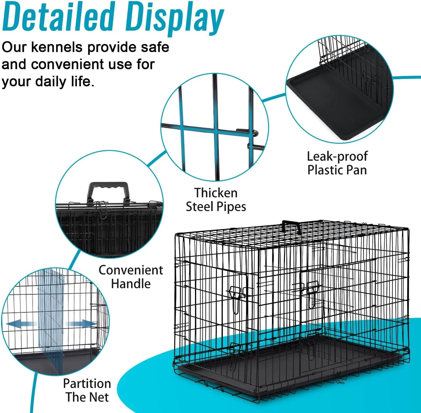 24 Inch Foldable Metal Dog Crate for Small Dogs, Double Door, Divider, Removable Tray(Black)