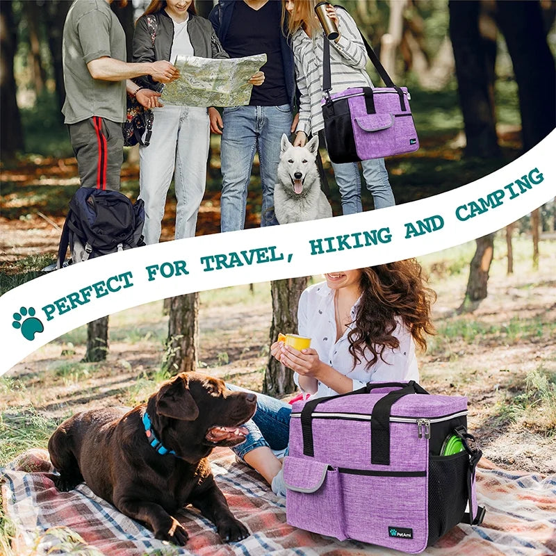 Dog Travel Bag, Travel Pet Bag Organizer, Dog Food Travel Bag with Food Container and Bowls, Dog Travel Supplies Gift Accessories for Weekend Camping, Dog Cat Diaper Bag (Purple, Large)