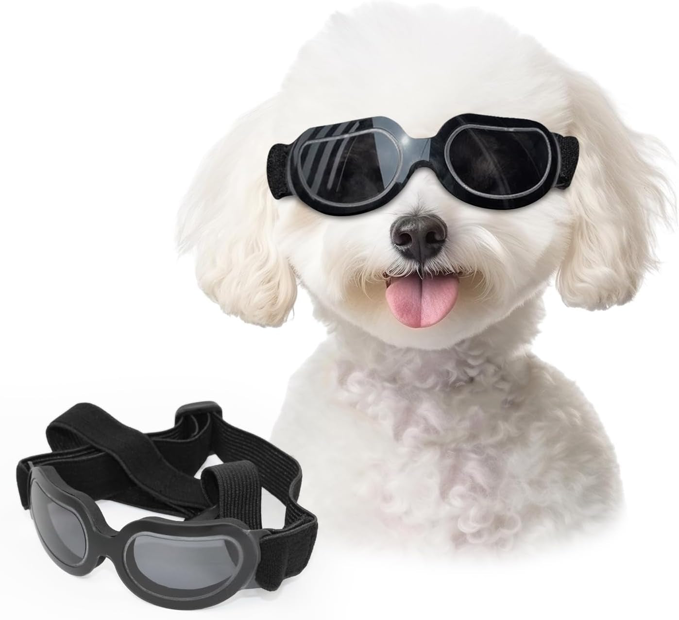 Dog Sunglasses Small Breed, Anti-Uv Puppy Goggles for Small Dogs, Windproof Outdoor Dog Eye Protection for Driving Biking, Adjustable Head Straps, Cool Black