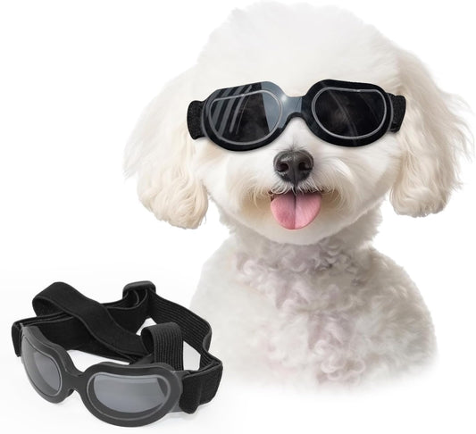 Dog Sunglasses Small Breed, Anti-Uv Puppy Goggles for Small Dogs, Windproof Outdoor Dog Eye Protection for Driving Biking, Adjustable Head Straps, Cool Black