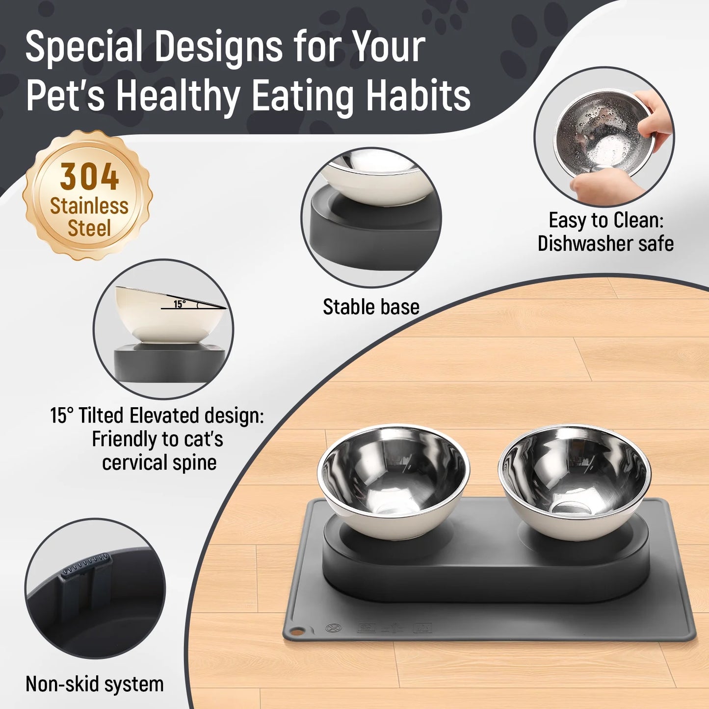 Stainless Steel Elevated Cat Bowls Set with Anti-Slip Mat