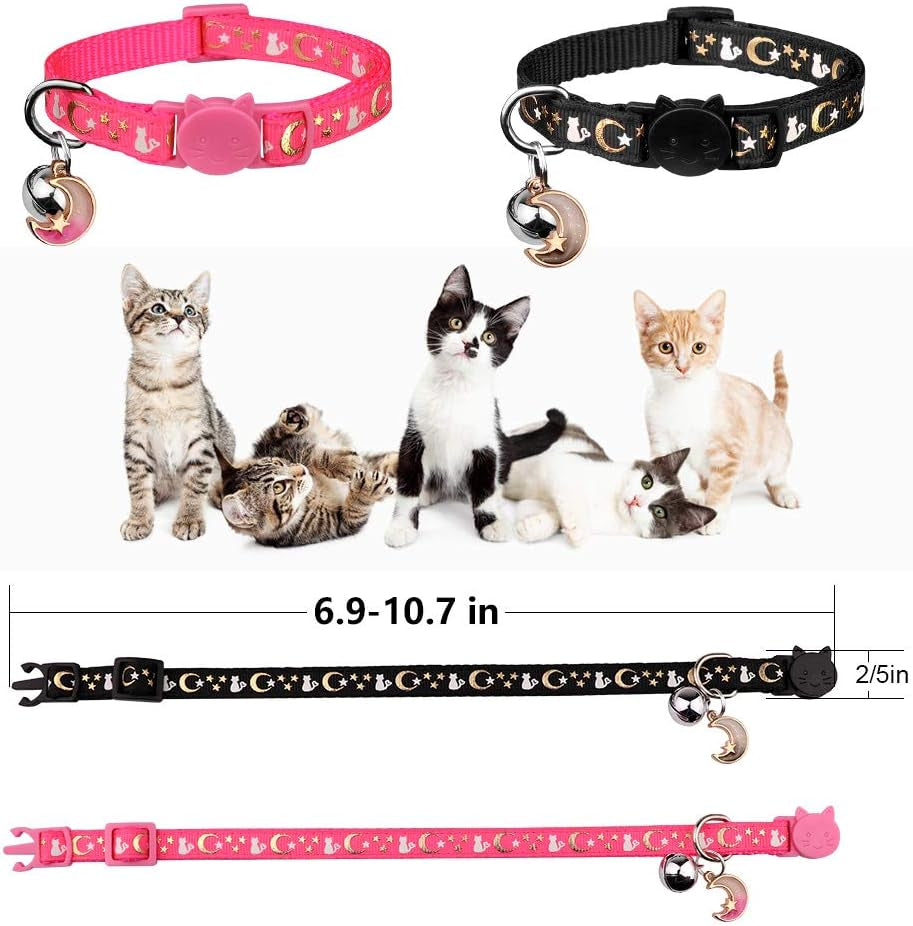 2PCS Breakaway Cat Collars with Bell Moons Stars Cute Kitty Adjustable Safe Kitten Collars with Pendant Glow in the Dark(Black&Pink)