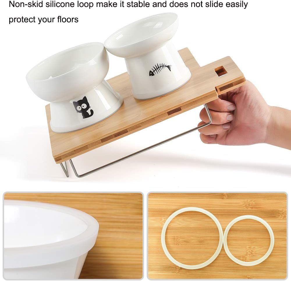Raised Cat Food and Water Bowl Set, Whisker Friendly Elevated Ceramic Cats Feeder Bowls with anti Slip Ring, Anti-Vomiting Shallow High Porcelain Pet Kitten Dish, Dishwasher Safe(White)