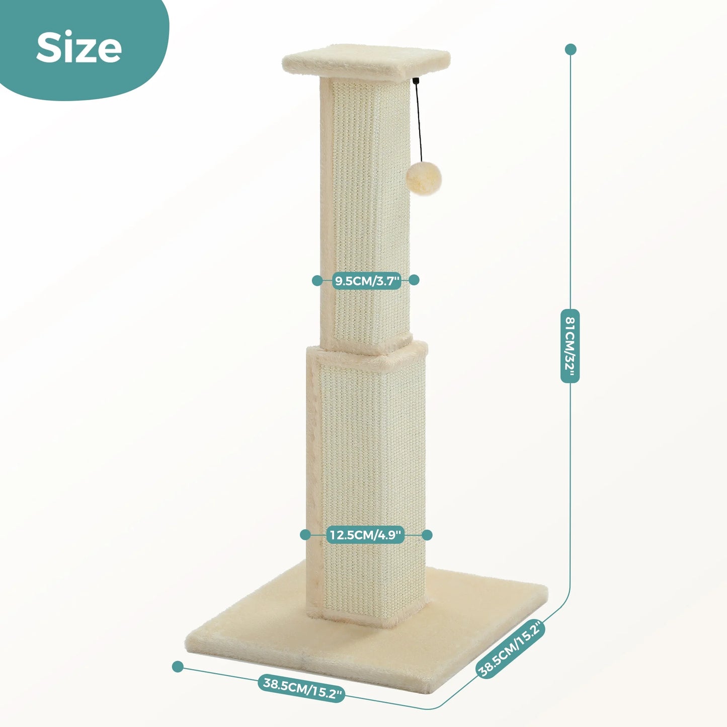 31" Natural Sisal Cat Scratching Post Indoor Cat Scratcher with Plush Large Base, Beige