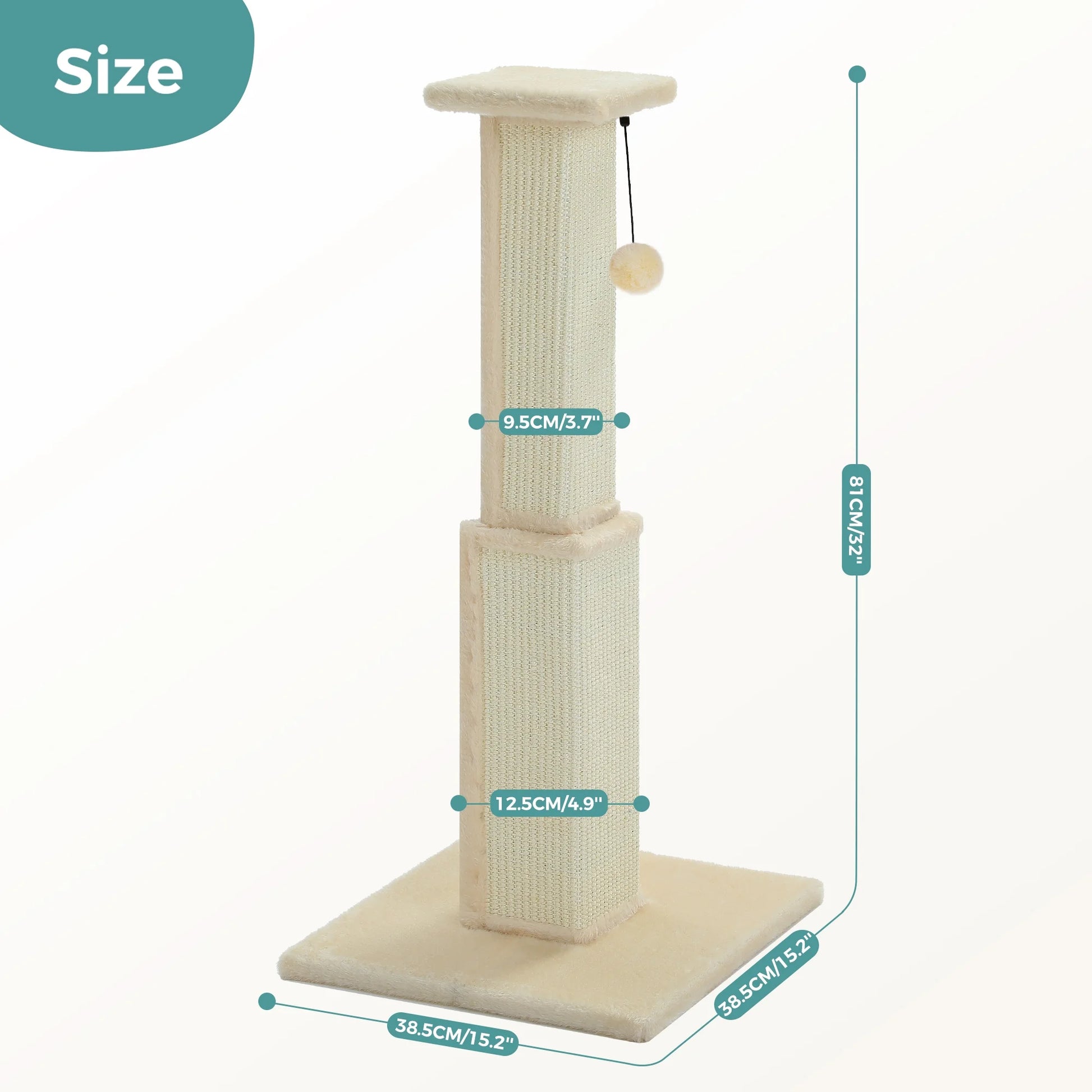 31" Natural Sisal Cat Scratching Post Indoor Cat Scratcher with Plush Large Base, Beige