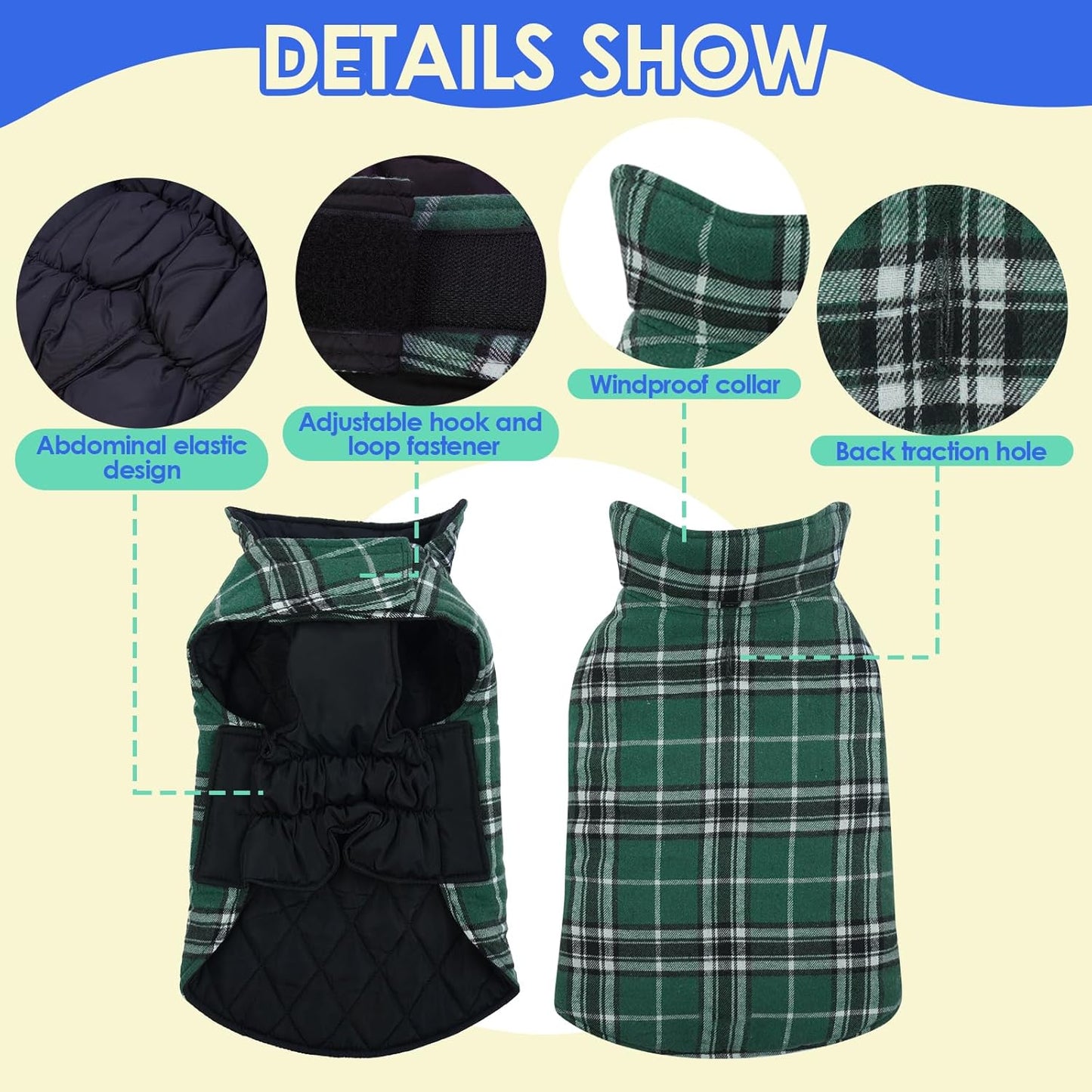 Dog Jackets for Winter, Reversible, Windproof, Waterproof Jackets in Plaid, Warm Vest for Medium Dogs, Green, M
