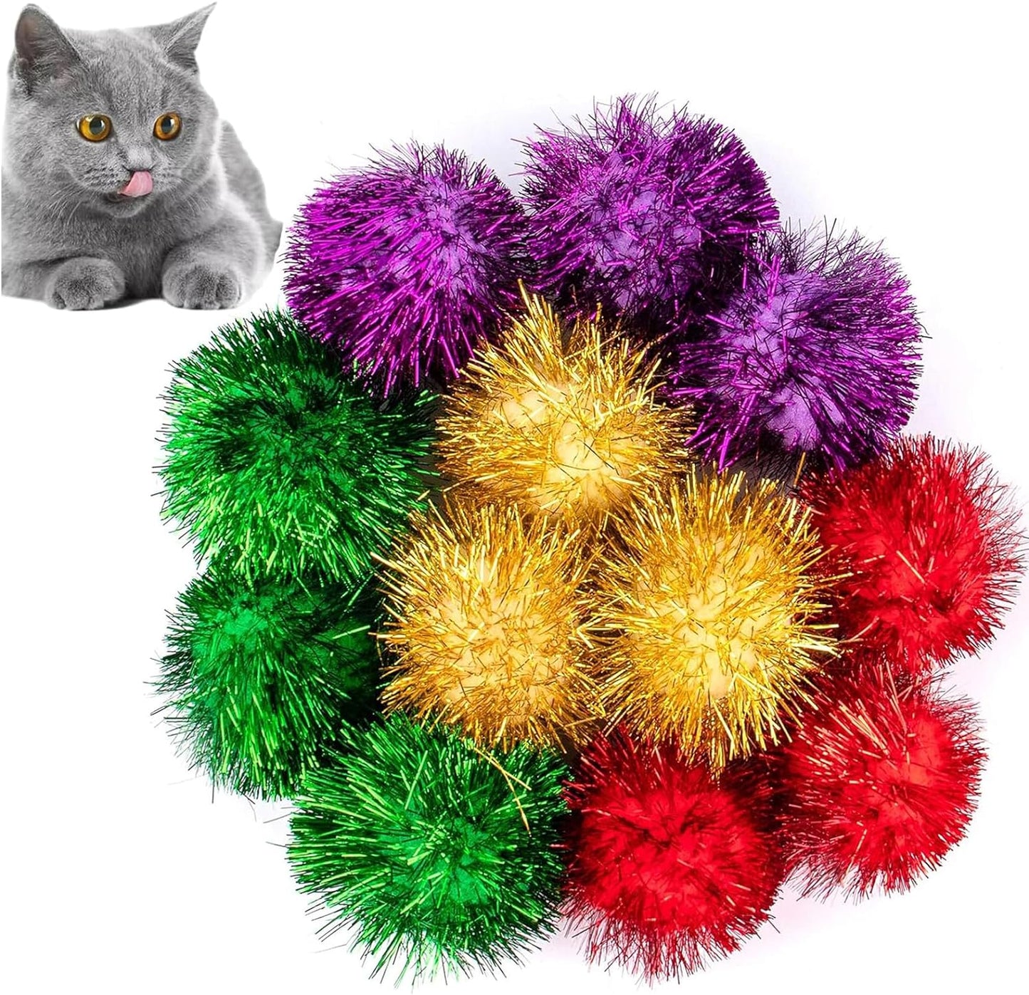 , 12 Pack 2 Inch Sparkle Ball Shiny Glitter Tinsel Pom Poms Interactive Cat Balls for Kittens (4 Colors, 12 Inch-12 Pack)