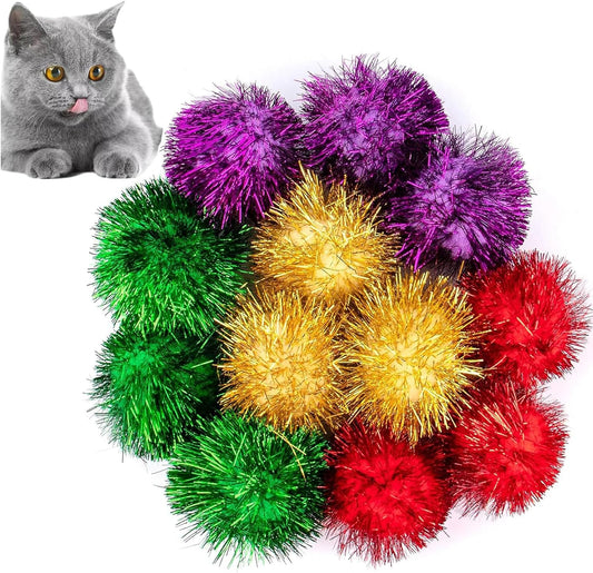 , 12 Pack 2 Inch Sparkle Ball Shiny Glitter Tinsel Pom Poms Interactive Cat Balls for Kittens (4 Colors, 12 Inch-12 Pack)