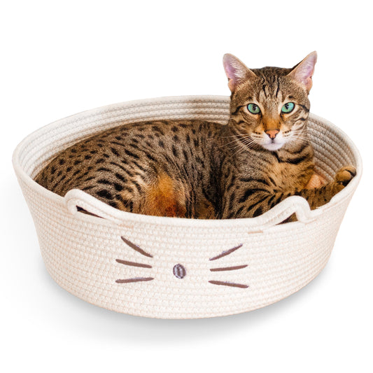Bed & Basket Retreat 2-In-1 Cat Bed with Removable Cushion, Plush Cotton Rope, White, 15 in – Versatile Pet Bed and Toy Storage Basket