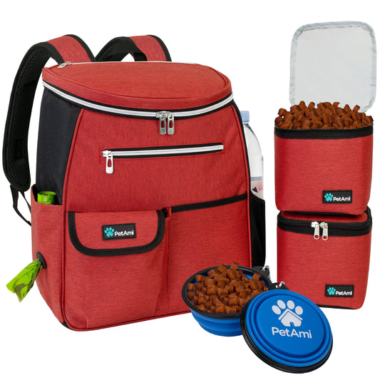 Dog Travel Bag Backpack, Airline Approved Dog Bags for Traveling, Puppy Diaper Bag Supplies, Pet Camping Essentials Hiking Accessories Dog Mom Gift, Food Container, Collapsible Bowls, Red