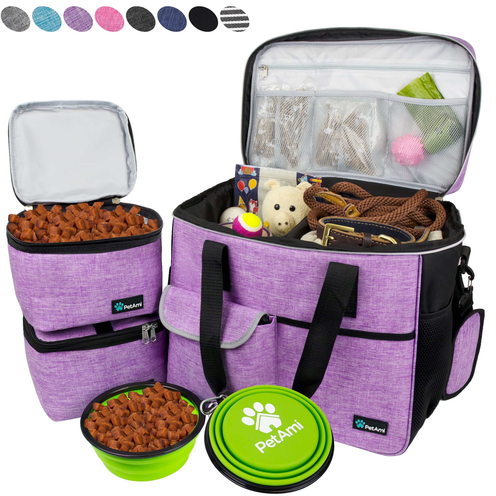 Dog Travel Bag, Travel Pet Bag Organizer, Dog Food Travel Bag with Food Container and Bowls, Dog Travel Supplies Gift Accessories for Weekend Camping, Dog Cat Diaper Bag (Purple, Large)