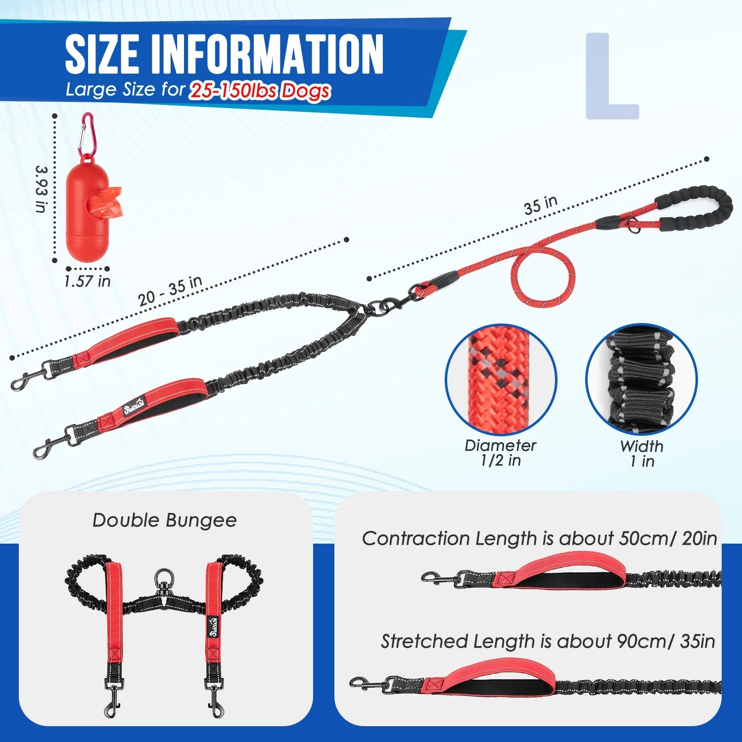 Double Dog Leash No Tangle - 360° Swivel Reflective Splitter Lead for 2 Large Dogs (25-150Lbs)
