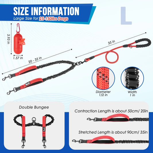 Double Dog Leash No Tangle - 360° Swivel Reflective Splitter Lead for 2 Large Dogs (25-150Lbs)