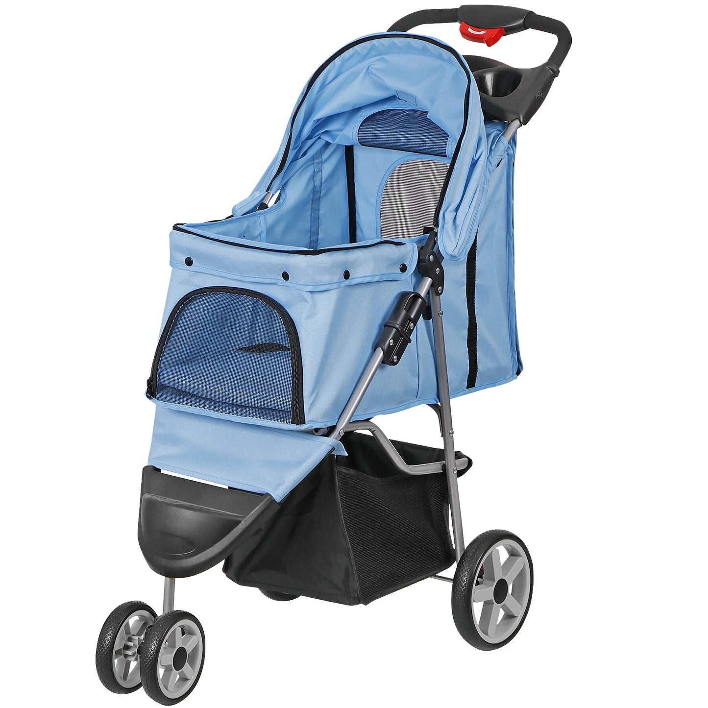 3 Wheels Foldable Pet Stroller for Small Dog Max. 33Lbs W/Storage Basket, Blue