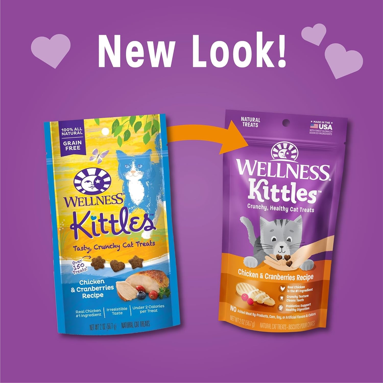 Kittles Crunchy Natural Grain-Free Cat Treats, Chicken & Cranberry, 2-Ounce Bag