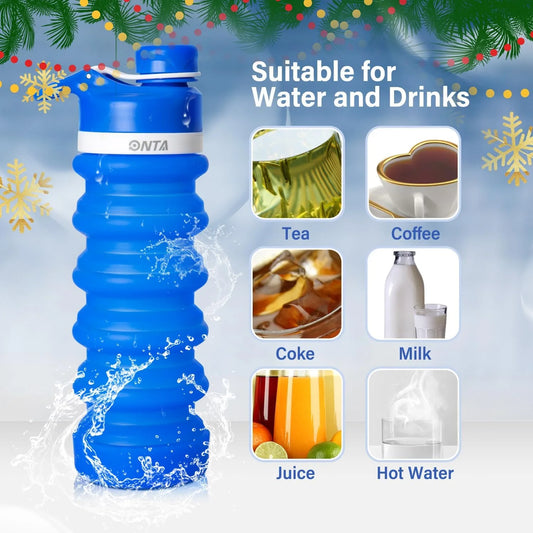 Collapsible Water Bottle- BPA Free Silicone Foldable Water Bottle for Travel,Silicone Portable Leak-Proof Travel Water Bottle 20Oz, Blue