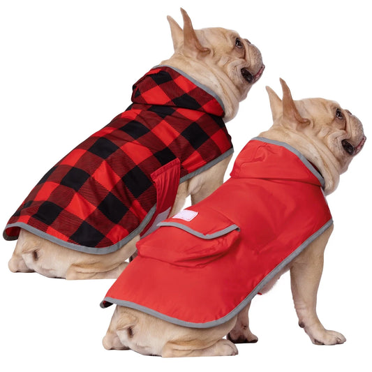 Reversible Dog Raincoat Hooded Slicker Poncho Rain Coat Jacket for Small Medium Large Dogs Buffalo Plaid / Red S