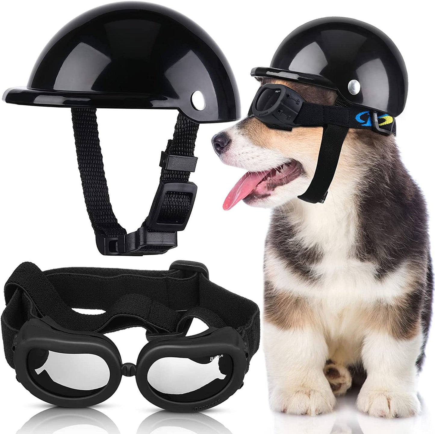 Dog Helmet and Goggles, UV Protection Doggy Sunglasses and 4 Inch Padded Puppy Motorcycle Helmet Adorable Dog Goggles with Adjustable Belt for Small Dogs Puppy Riding(Black,S)