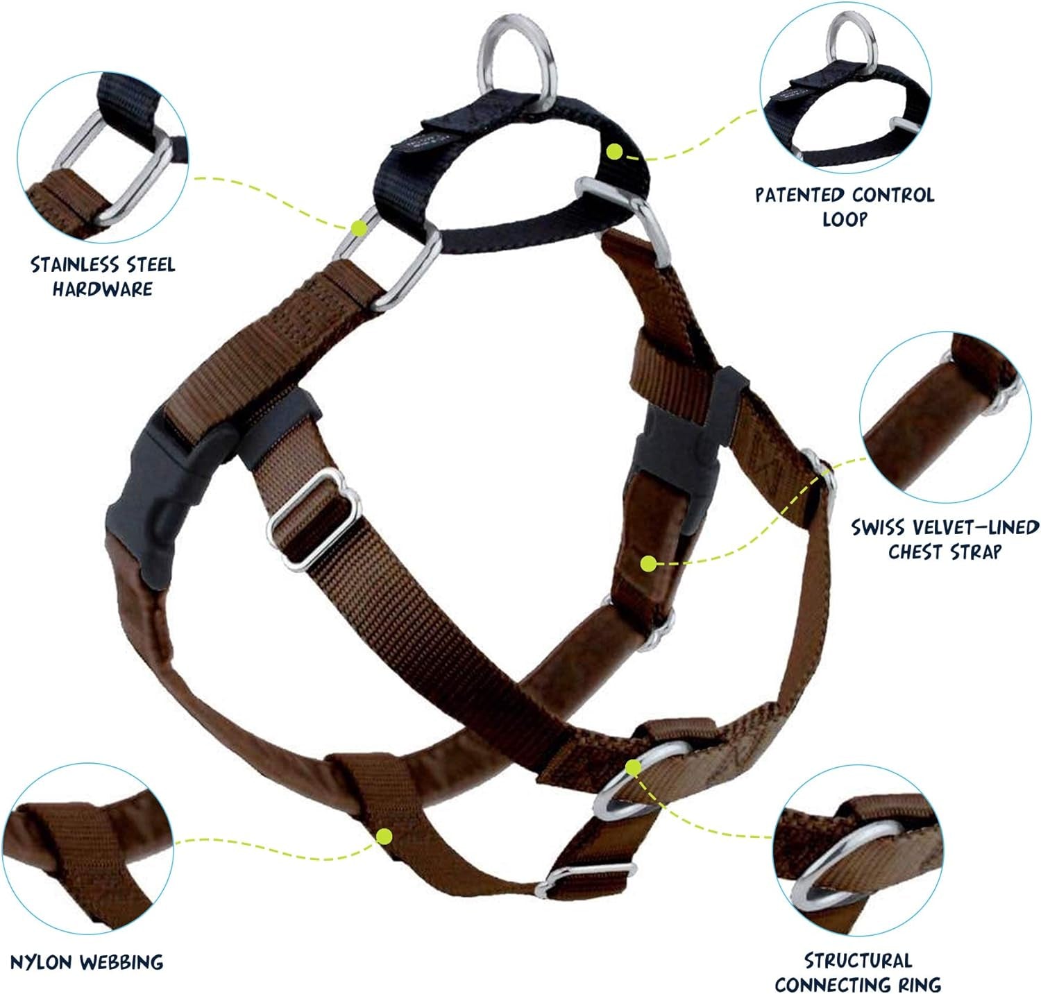 Freedom No Pull Dog Harness, Adjustable Harness, Easy Walking & Comfortable Control, Fits Small, Medium & Large Dogs, Solid Colors, Made in USA, 5/8" SM, Brown