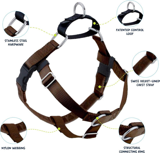 Freedom No Pull Dog Harness, Adjustable Harness, Easy Walking & Comfortable Control, Fits Small, Medium & Large Dogs, Solid Colors, Made in USA, 5/8" SM, Brown