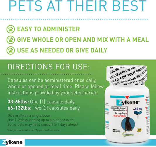 Zylkene Calming Support Supplement for Large Dogs 33-132Lbs, Promotes Relaxation, Reduces Stress, and Supports Occasional Anxiety Relief for Dogs, 450Mg - 120 Capsules