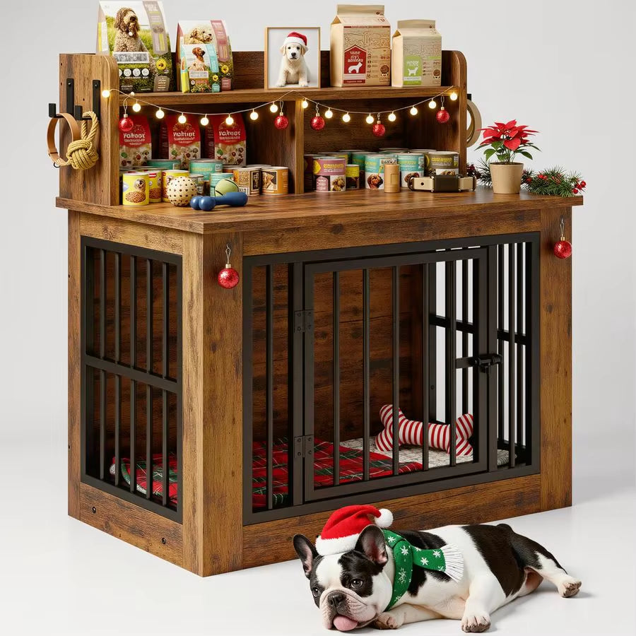 Dog Crate Furniture, 33.4 Inches Wooden Small Dog Crate with Storage and 4 Hooks, Heavy Duty Pet Crate for Small Dog, Decorative
