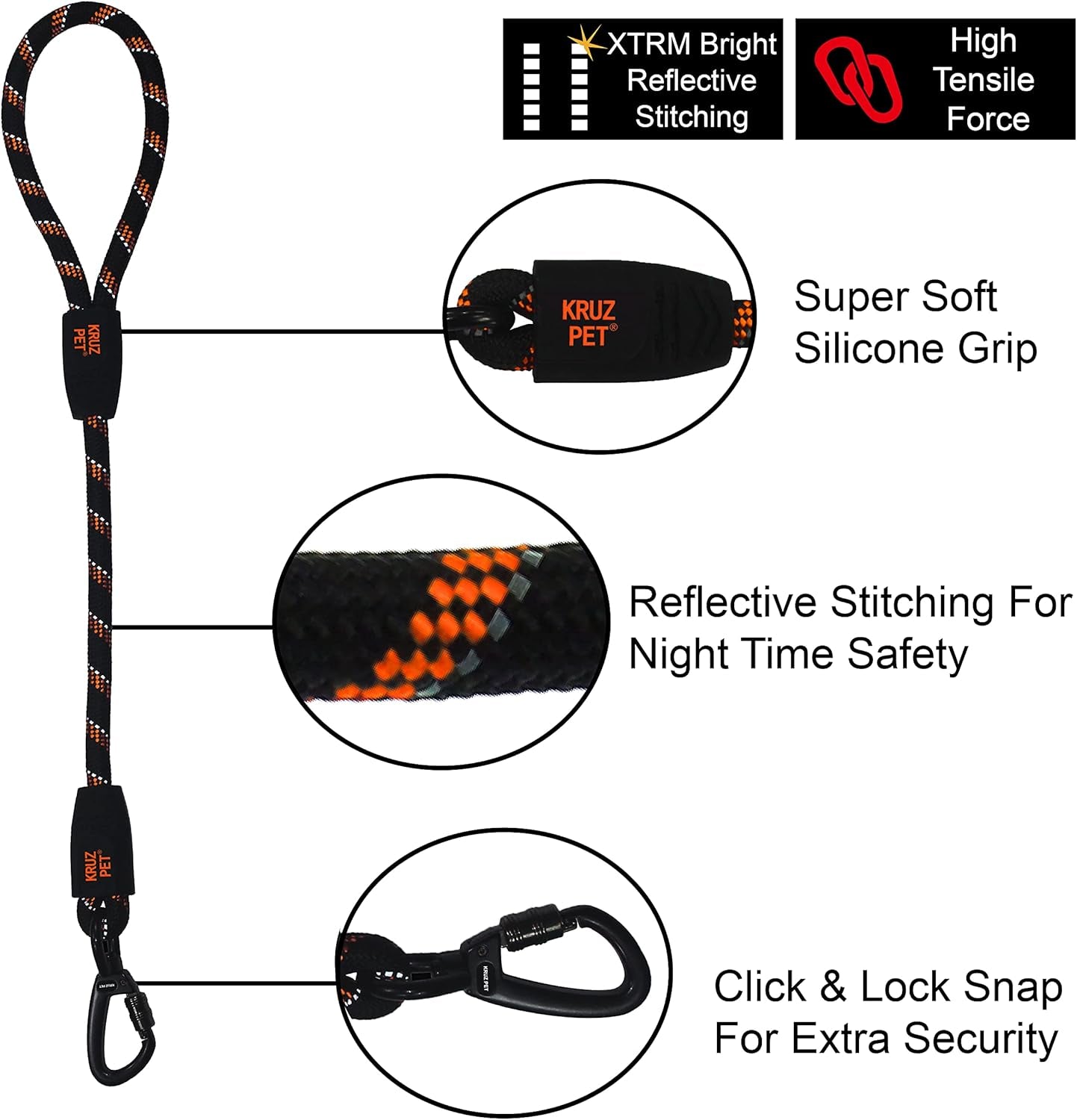 KRUZ Dog Leash (Width - 1/2”, Length - 20 IN) Reflective Rope Lead with Soft Silicone Grip, Click & Lock Snap Lightweight Leash for Dogs, Durable & Tangle-Free for Walking, Running & Training - Orange
