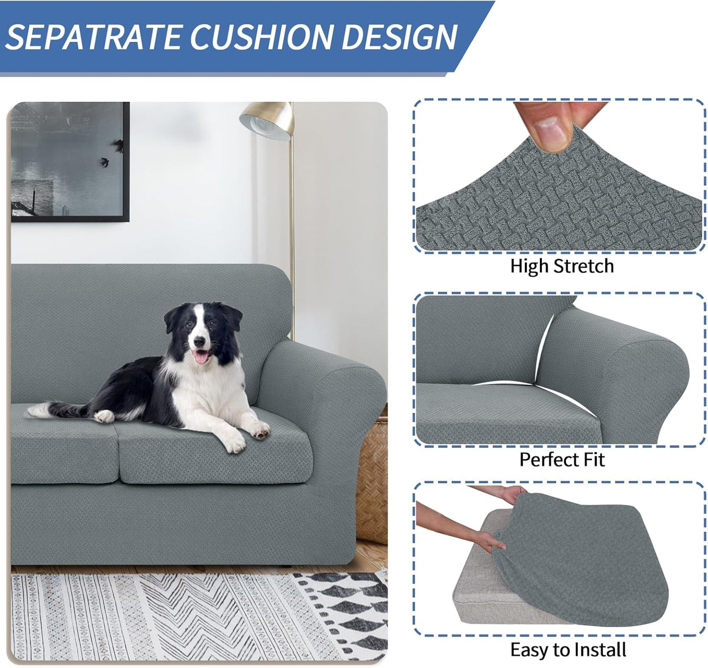 4 Pieces Couch Covers for 3 Cushion Couch Stretch Sofa Slipcover with 3 Seat Cushion Covers Thick Fitted Couch Cover for Pet Dogs Furniture Protector (Sofa, Light Gray)