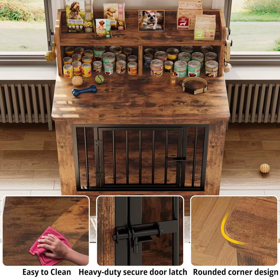 Dog Crate Furniture, 33.4 Inches Wooden Small Dog Crate with Storage and 4 Hooks, Heavy Duty Pet Crate for Small Dog, Decorative
