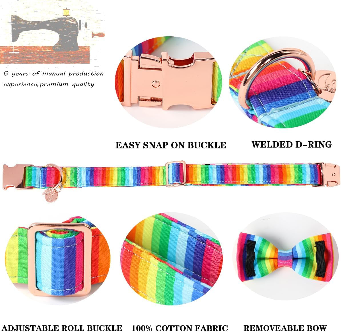 Rainbow Dog Collar with Pretty Bow Tie for LGBT Pride Month - Adjustable and Comfortable Collar for Large Medium Small Dog,Xs