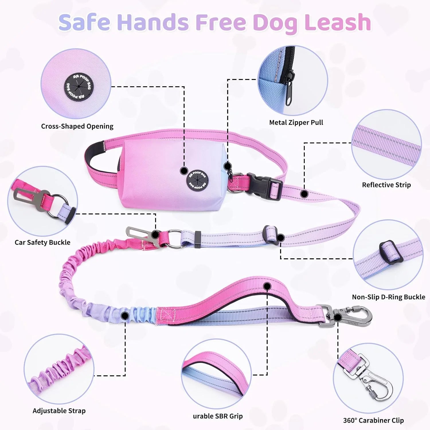 Hands Free Dog Leash with Zipper Pouch, 6-9Ft Bungee Waist Leash for Medium Large Dogs Walking, Running Lead with Dual Padded Handles Car Safety Buckle for Training Jogging