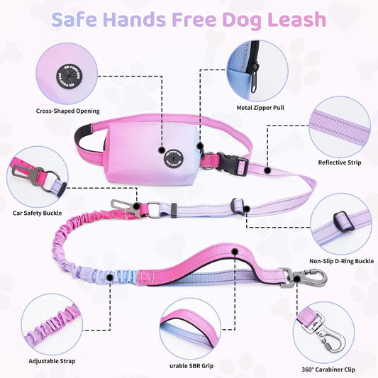 Hands Free Dog Leash with Zipper Pouch, 6-9Ft Bungee Waist Leash for Medium Large Dogs Walking, Running Lead with Dual Padded Handles Car Safety Buckle for Training Jogging