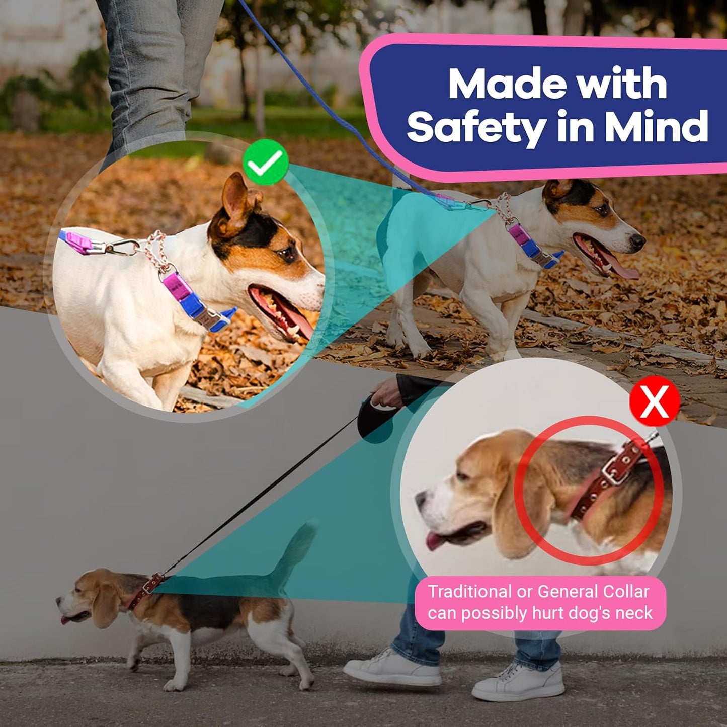 Jelly Waterproof Martingale Dog Collar, No Pull Nylon Collar with Alloy Metal Buckle & D-Ring for Outdoor Training and Walking, anti Pull, Escape Free, One Time Adjustment - Blue & Rose, M